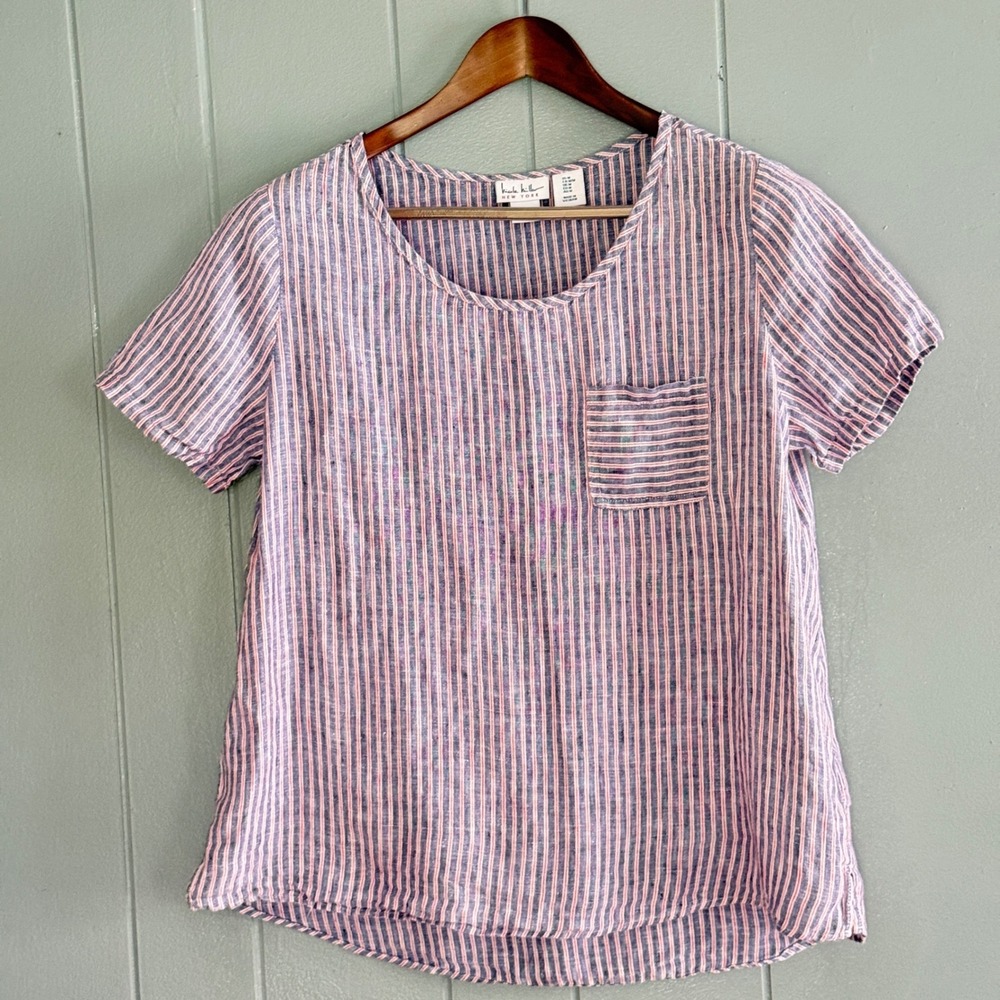 Nicole Miller New York Linen Striped Pocket Tee Navy Red White Coastal M